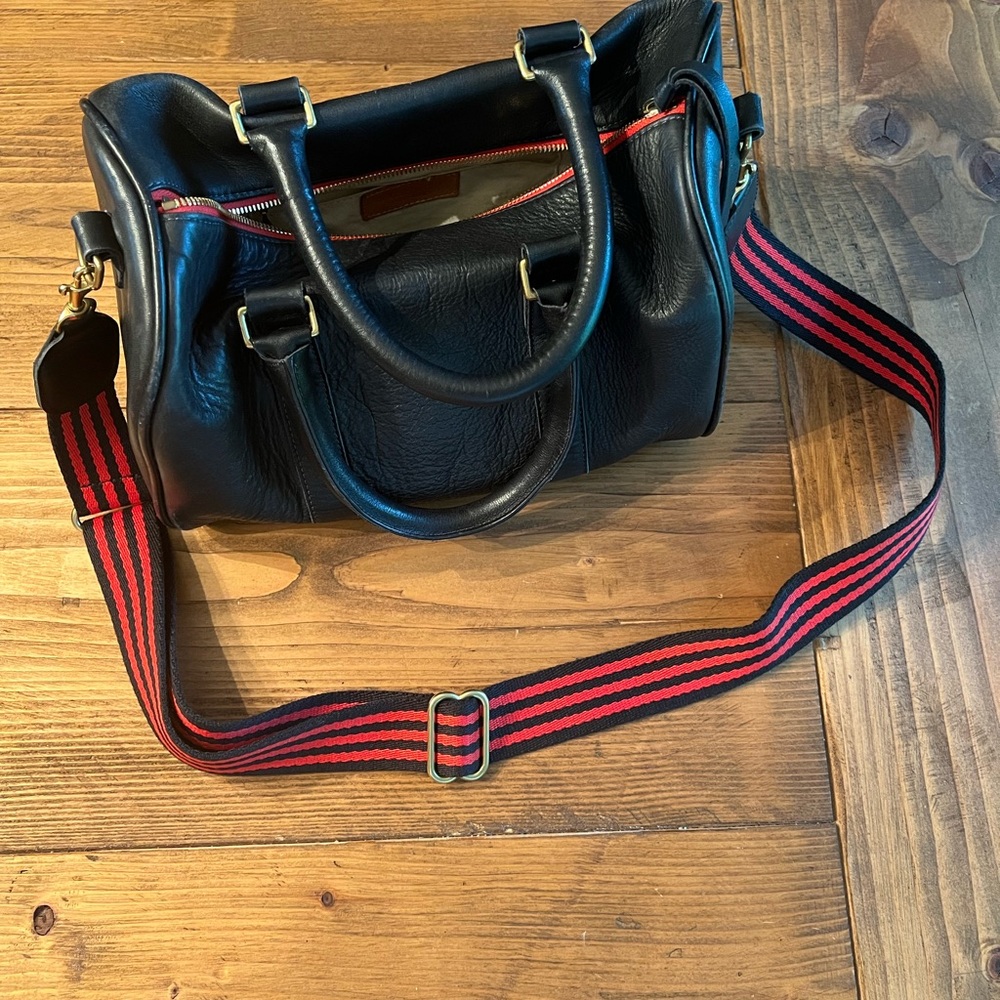 Clare V Black Leather Small Duffle with Red Striped Strap